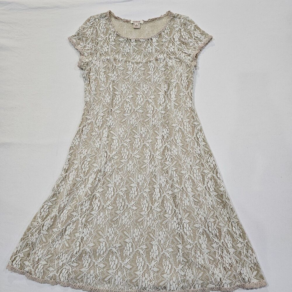 SUNDANCE Floral Lace Mesh Overlay Dress Ivory Beige Sheer Whimsical Fairycore M